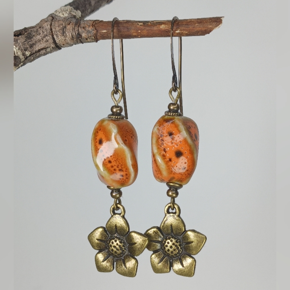 HAND CRAFTED Rustic Orange Ceramic Brass Flower Dangle Earrings - Picture 2 of 6